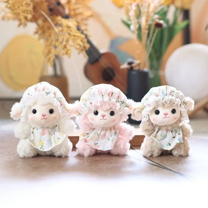 Fluffy Lamb Plush Keychain with Sweet Floral Bonnet Dress Cartoon Sheep Bag Charm for Toddler Girls Daily Use