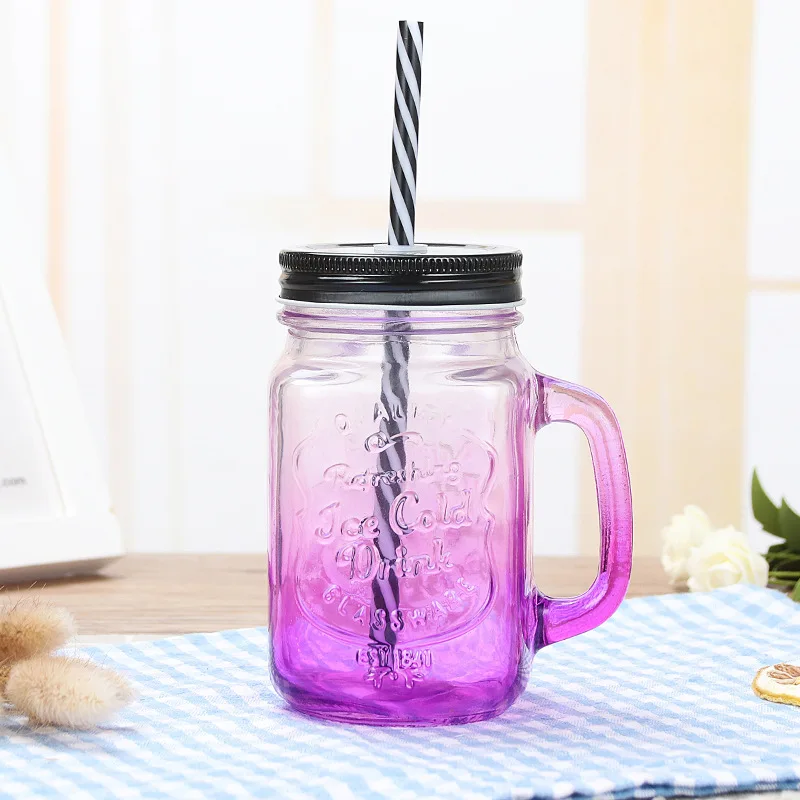 Colorful Glass Cups Clear Glass Water Cup Gradient Transparent Cap Straw Cold Drink Handle Mason Cup with Cover Drinkware Cups