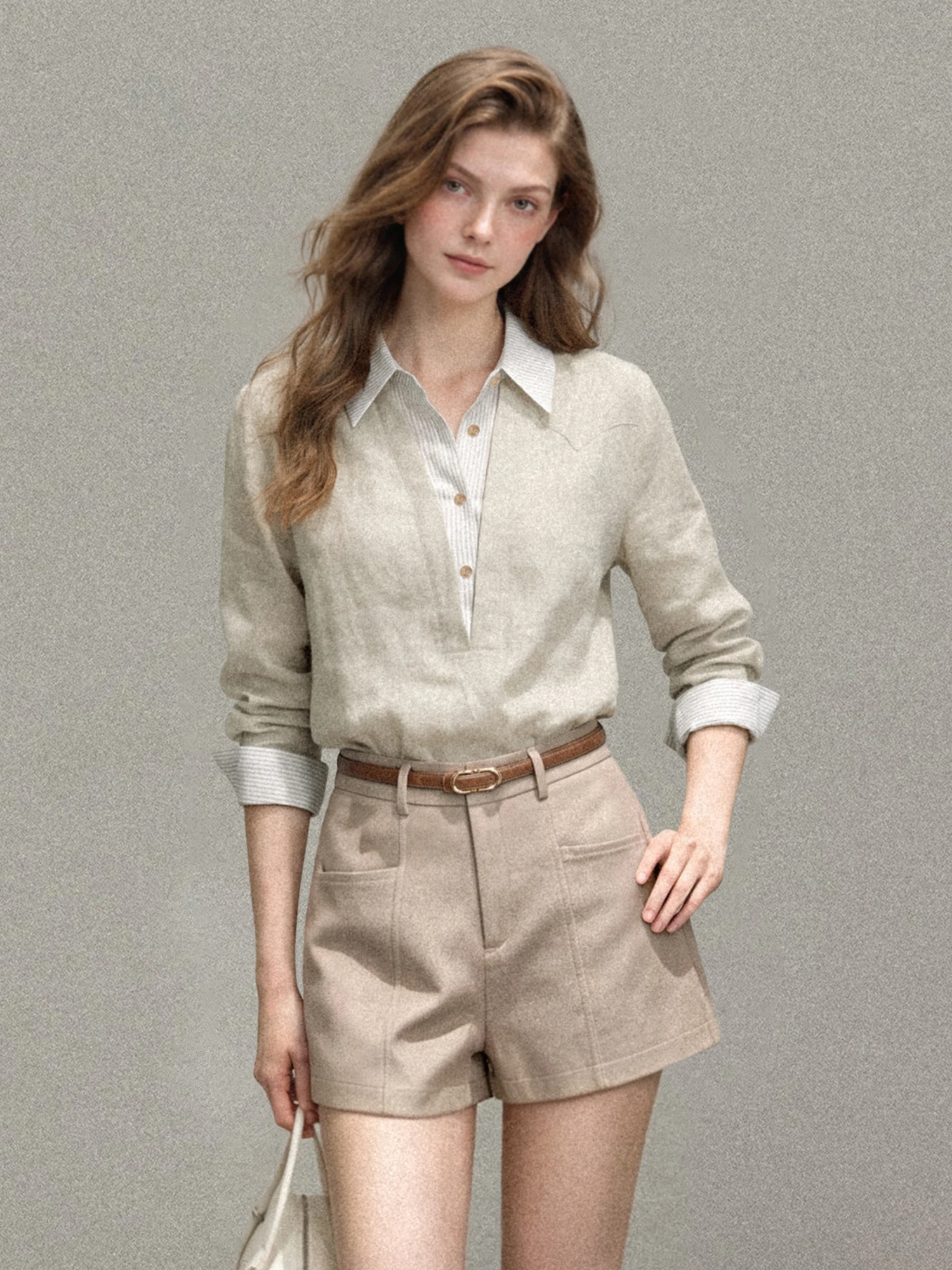 Slimming Striped Neck Long Sleeve Shirt Women's Commute Style Fake Two-Piece Straight Cut Korean Fashion Autumn Top