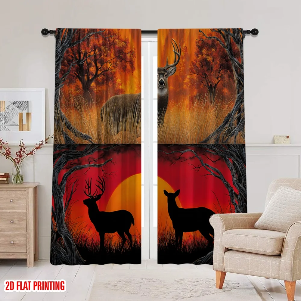 2 قطعة 2D الطباعة المسطحة الستائر Whitetail الغزلان الغروب صورة ظلية الرقمية المطبوعة البوليستر الستائر الموسمية الطرف و عطلة ديكور