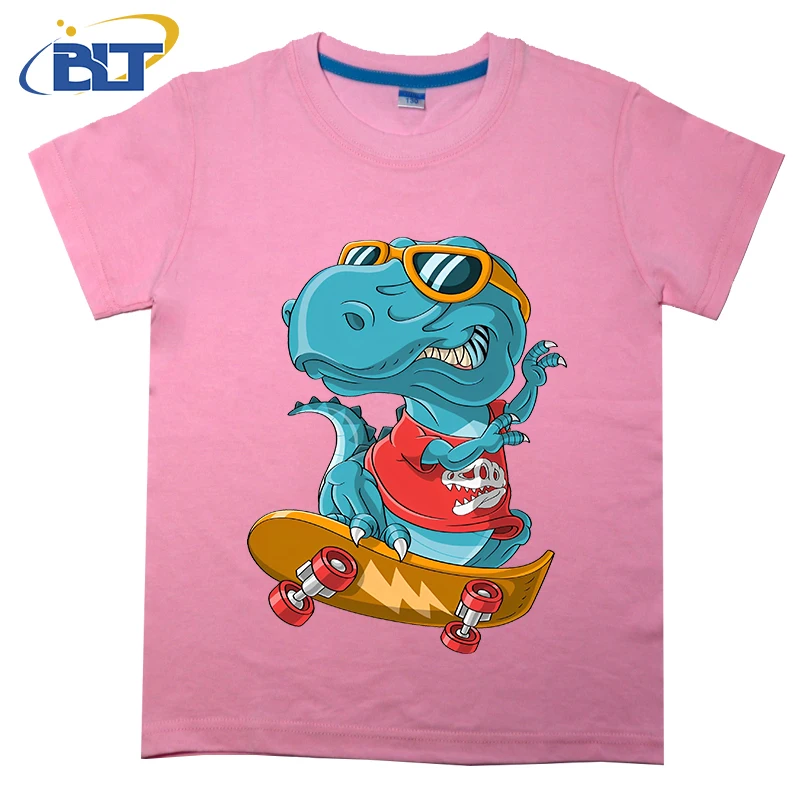 Camiseta fresca con estampado de patinador t-rex para niños, top informal de manga corta de algodón de verano, adecuado para niños y niñas