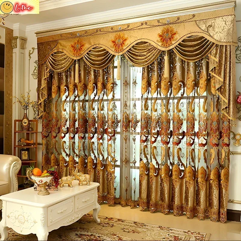 Custom Size Embroidery Curtains for Living Room Tulle Valance Bedroom Set Drapes Golden Hall Blackout Sheer Decor Elegant Floral