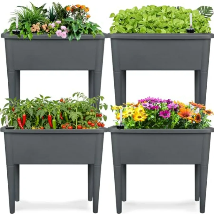 Outdoor self-watering elevated raised garden bed set of 4, plastic planter boxes in dark grey for flowers, vegetables, and herb