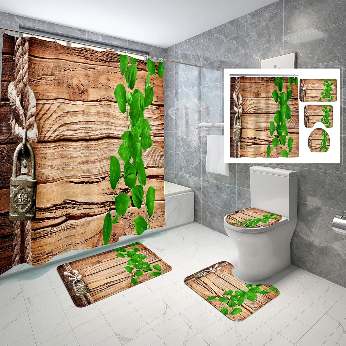 Retro Classic Shower Curtain Set Farmhouse Logs with Green Leaves 4 Pcs Shower Curtain Bathroom Non-Slip Bath Mat Toilet Cover