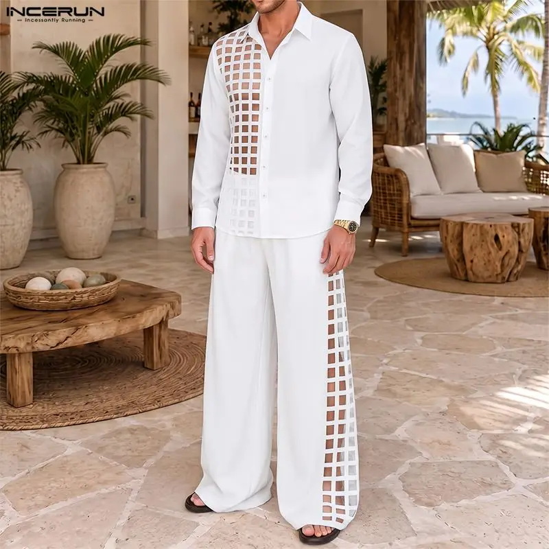 INCERUN Men Sets Mesh Patchwork Lapel Long Sleeve Shirt Pants Two Piece Sets See Through Streetwear Fashion Sexy Male Tracksuits