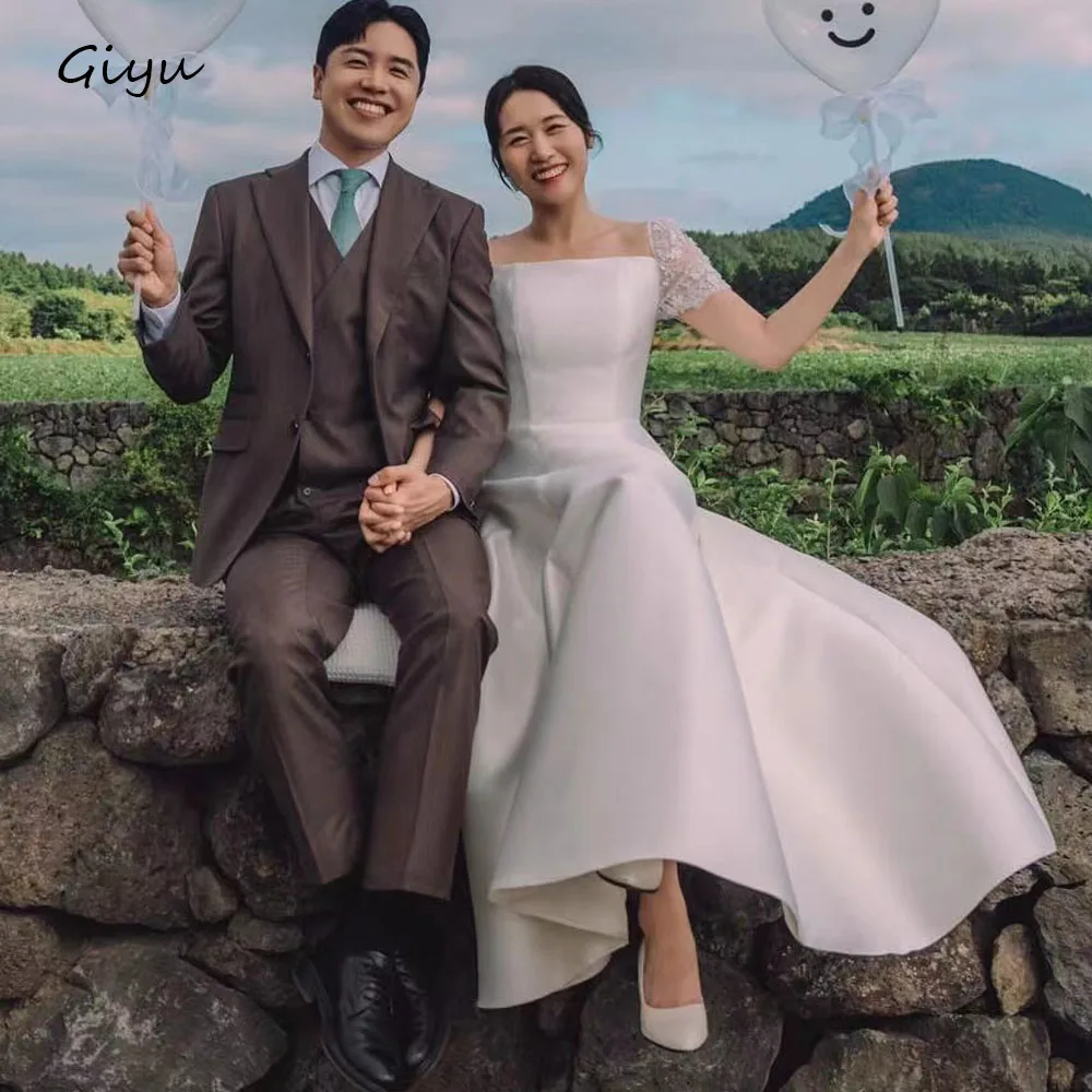 

Giyu Simple A-line Korea Wedding Dress Photoshoot Short Sleeves Strapless Floor-Length Vestidos Novias Boda Bridal Gown 웨딩드레스