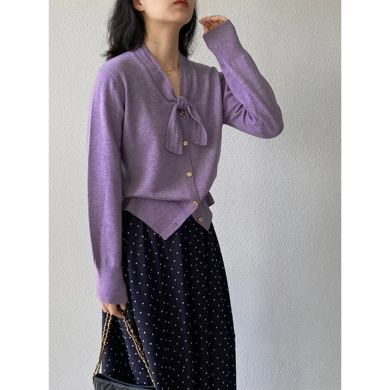 

2025 New Grey Ribbon-knitted Women's Autumn Lazy Style Short Sleeve Elegant Sweater