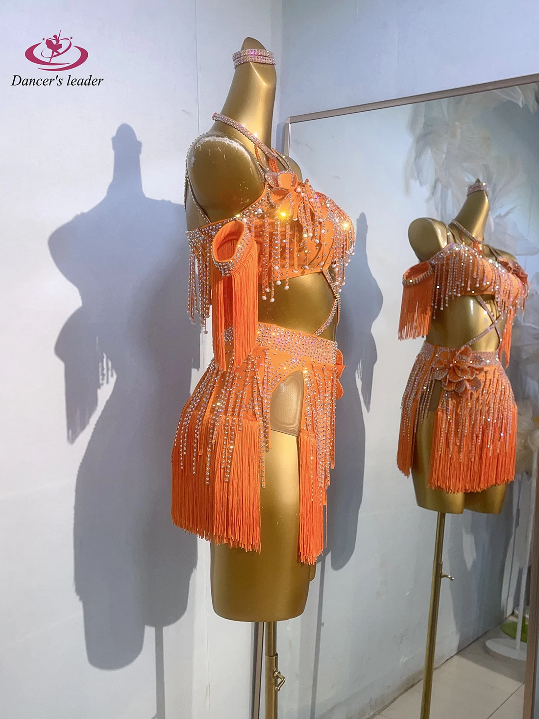 Latein-Tanzkostüm für Damen, hochwertiges, individuelles Diamant-Bar-Perlen-Quasten-Taillen-baring-Tango-Samba-Performance-Kleid