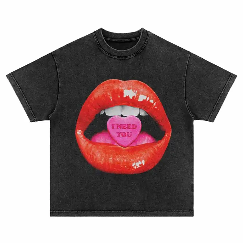 Vintage Punk Tshirt Hip Hop Mouth Lip Graphic Print Oversized T-Shirt Streetwear Harajuku Gothic Washed Top