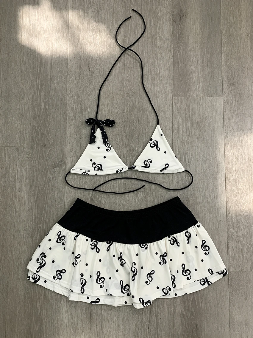Music Note Print Women Skirted Bikini Sets Halter Neck Bow Decor Swimsuits Summer Beach Holiday Swimwear Two Piece Bathing Suits