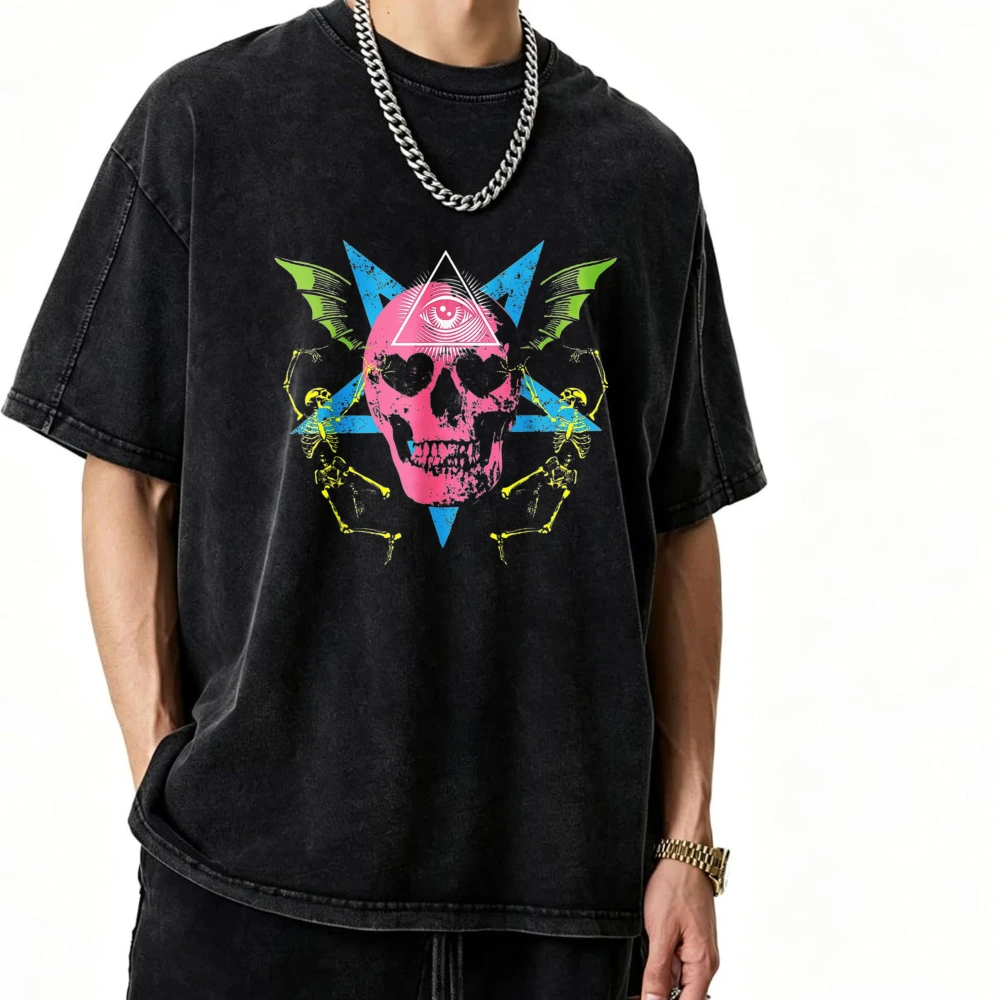 Rave Skull w/ Bat Wings, Pentagram And Dancing Skeletons T-Shirt Premium Cotton T Shirt Drop Shoulder Boxy Fit Acid Wash Summer