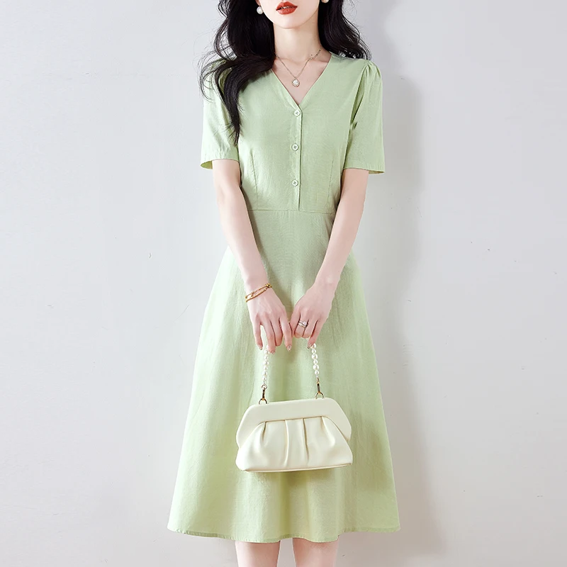 Robe mi-longue en lin pour femmes, tenue fluide de Style français, col en v, pour les vacances à la plage, élégante et amincissante, nouvelle collection été 2025