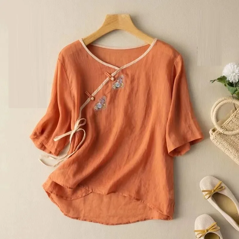 

New Spring Summer Traditional Chinese Clothing Women Clothes Short Sleeve Top Loose Hanfu Tang Suit Round Neck Literary T-shirt