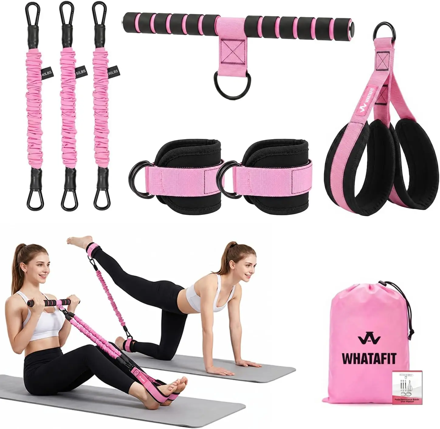 3-in-1 Adjustable Pedal Resistance Bands 40-150 lbs, with Handles & Ankle Straps for Full Body Workout at Home Gym
