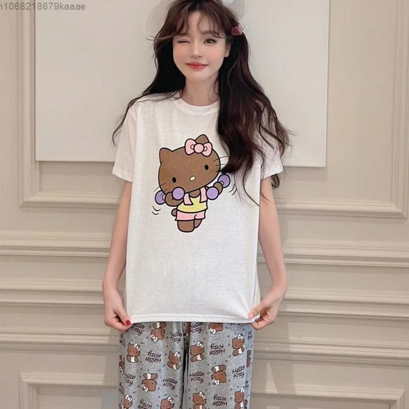 Sanrio Hello Kitty Cute Home Clothes Summer Short Sleeve T-shirts Pants 2 Piece Set Women Pajamas Suit Y2k Kawaii Tops Trousers