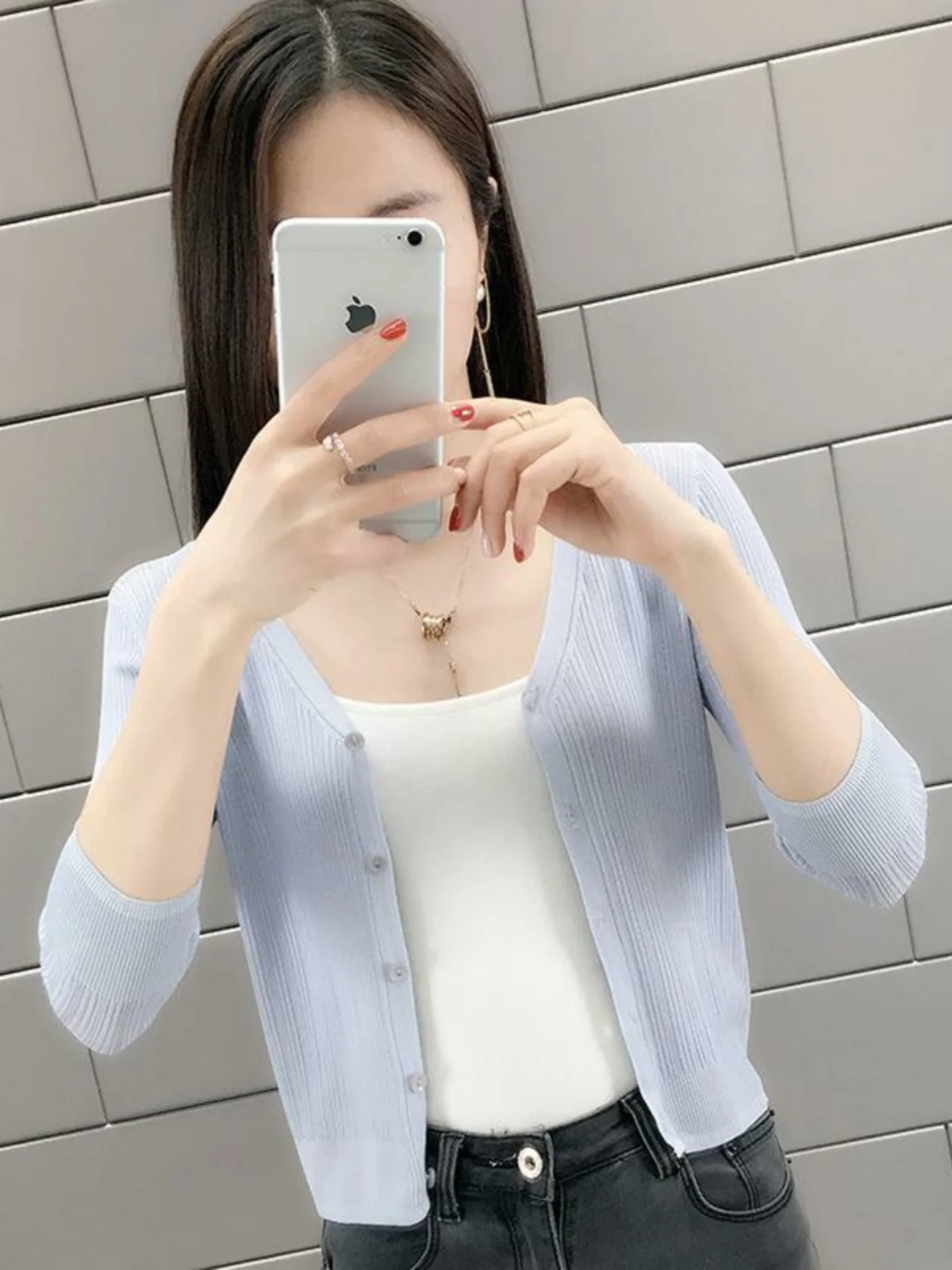 Cardigan ort de malha de seda gelada feminino verão fino agasalhos saia de ar condicionado combinando pequeno Jaet V-ne nove pontos...