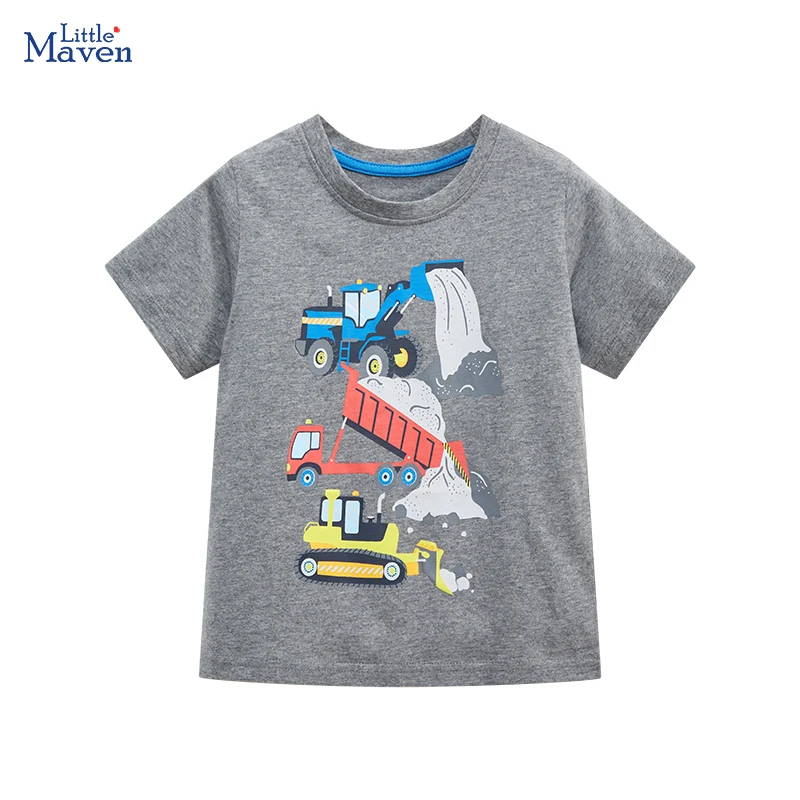 Little maven 2025 Kids Clothes Summer T Shirts Cartoon Excavators Vehicles Children's Clothing Cotton Baby Girls Tops Tees