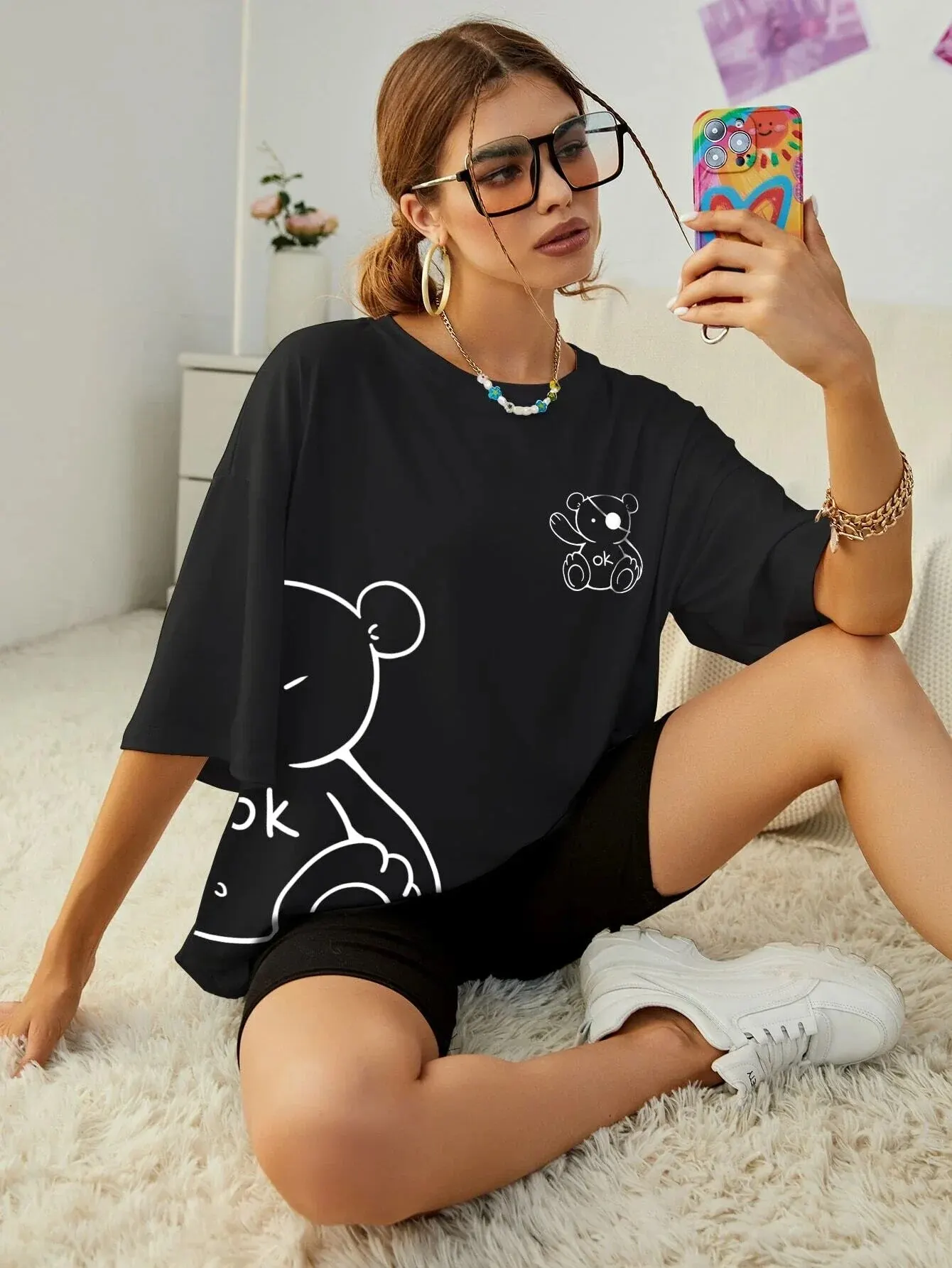 Kobiety bawełniane koszulki Kawaii OK pluszowy miś nadruki graficzne koszulki moda lato na co dzień ubrania damskie wygodne topy w stylu streetwear