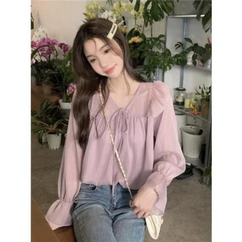 Sweet Chiffon Top Women\'s Ruffled Loose Lace Up Shirt V-neck Design Sense Niche Long Sleeved Shirt