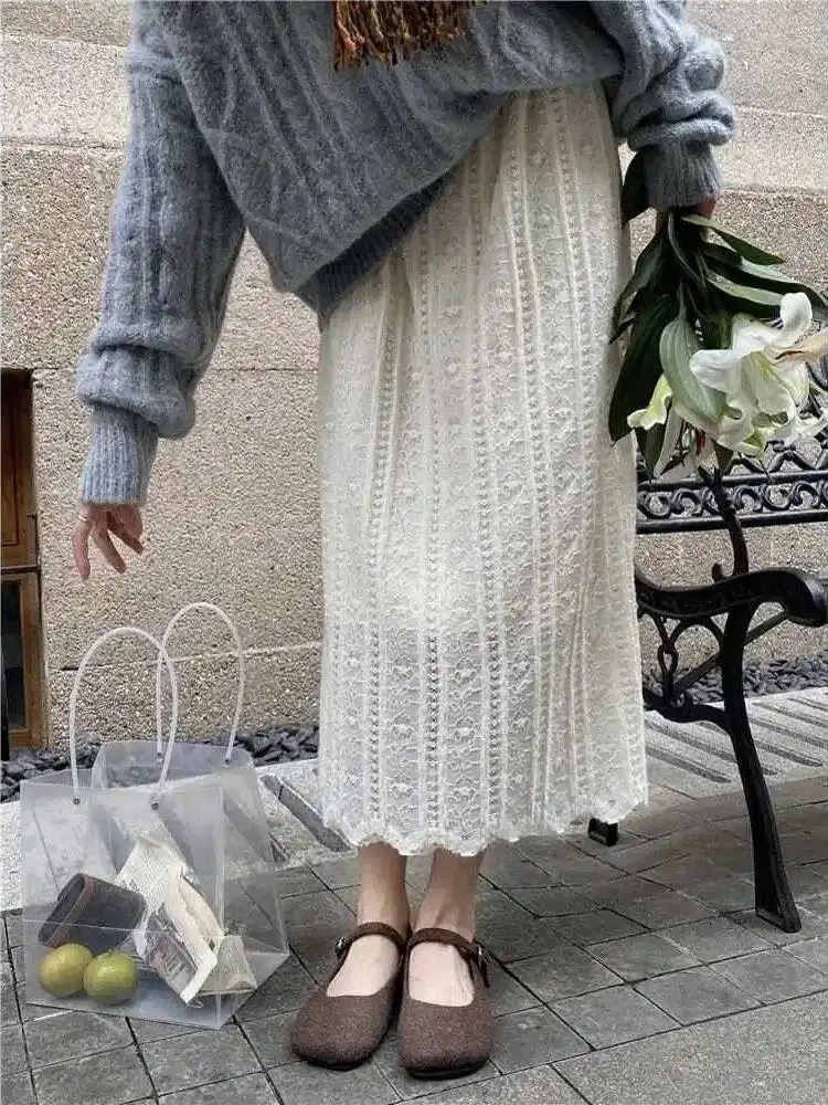 2026 Spring Autumn Women Beige Fashion Long Skirt Female Vintage High-waist Chic Lace Skirts Korean Sexy Black Skirt O8BO
