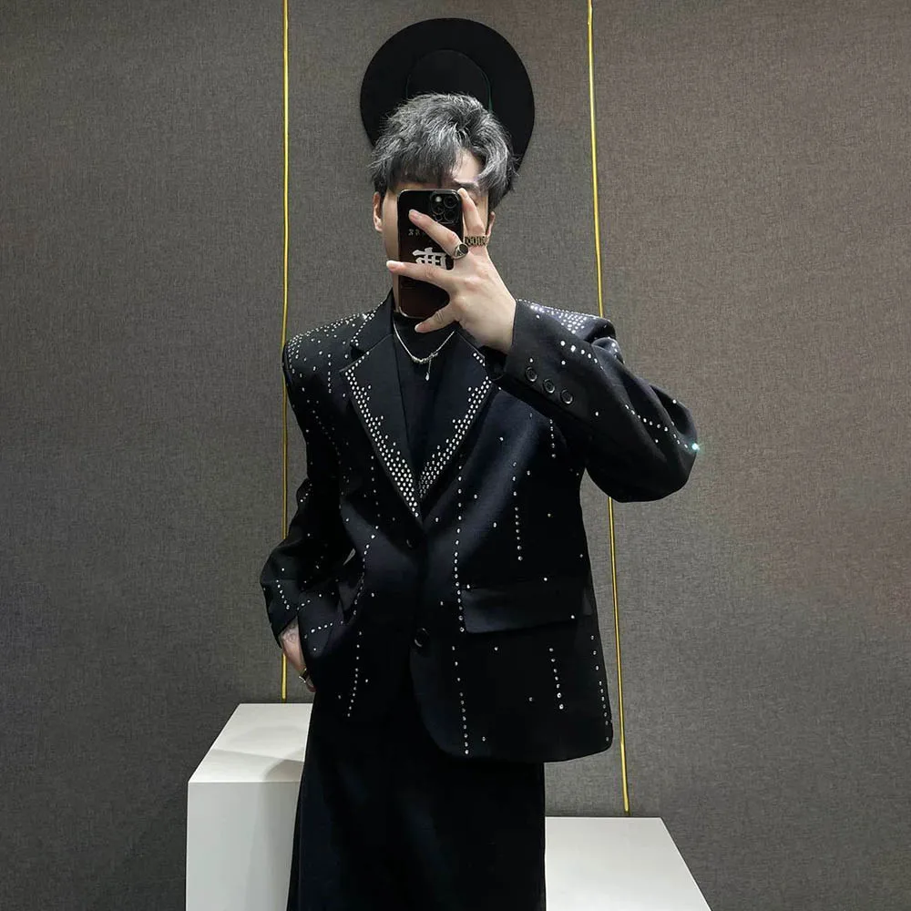 

Mens Autumn Jacket Hot Diamonds Starry Sky Shiny Shoulder Pads Nightclub Stage Performance Fashion Long - Sleeve Tops Men'S Wear