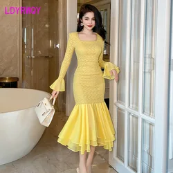 2023 Autumn and Winter New Women's Fashion French Square Neck Flare Sleeve Slim Fit Wrap Hip Knitted Fishtail Dress