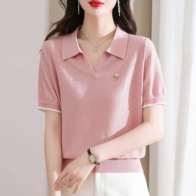 Female Tee Baggy Plain Knitted Cute T-shirts Kawaii Women\'s Polo Pulovers Offer Comfortable Summer 2024 with Collar New On