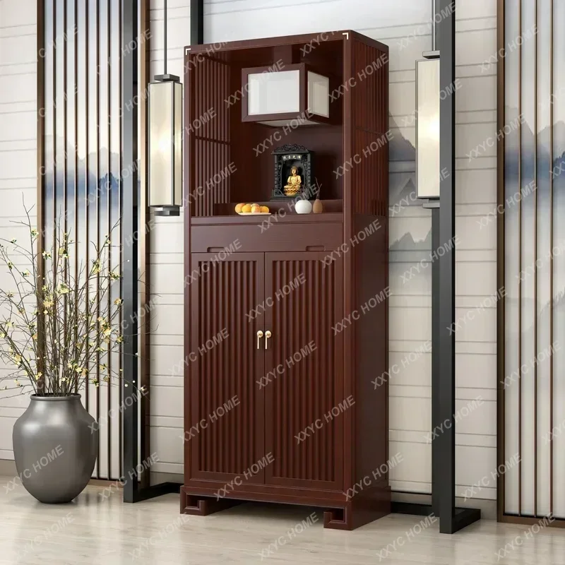 X-S  Chinese Zen Solid Wood Buddha Niche Clothes Closet Double Door Living Room Worship Table Home Wall Mount Cabinet