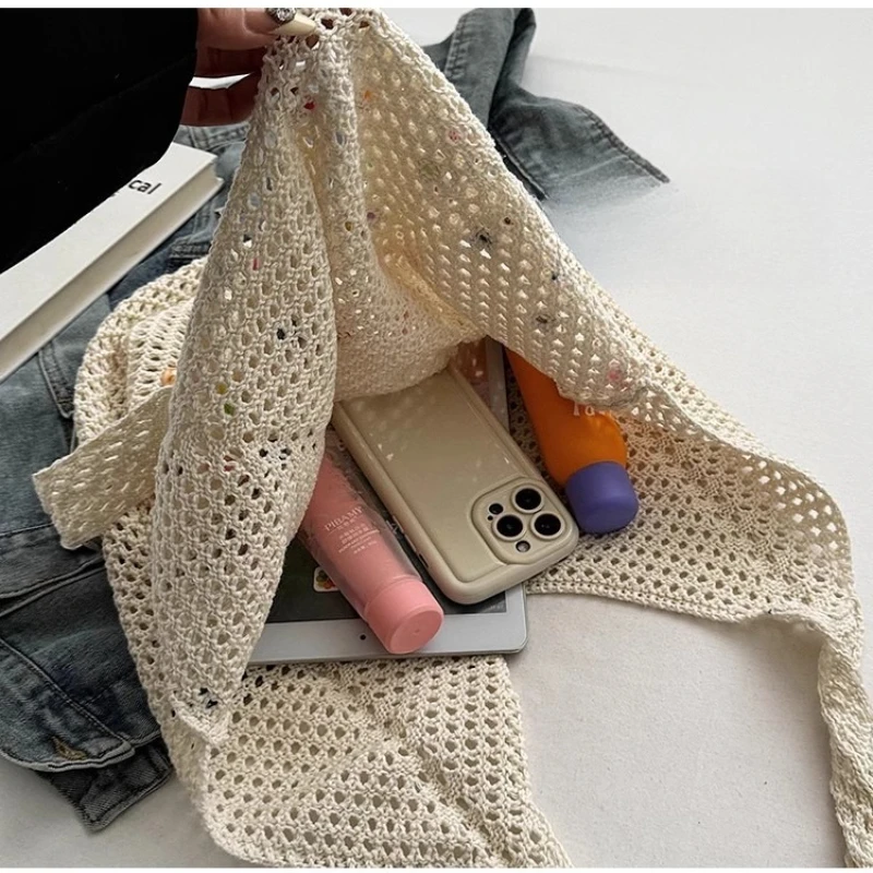 اليدوية المنسوجة حقيبة كتف الحياكة الجوف خارج الديكور صافي حقيبة سعة كبيرة المرأة حمل حقيبة التسوق في الهواء الطلق حقيبة يد عادية