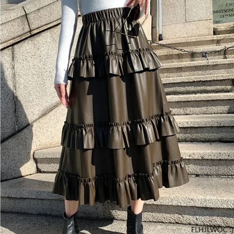 Fake Leather Pu Skirt Elastic High Waist A Line Retro Temperament Girls Women Solid Fashion Mid-Length Layer Ruffles Skirts