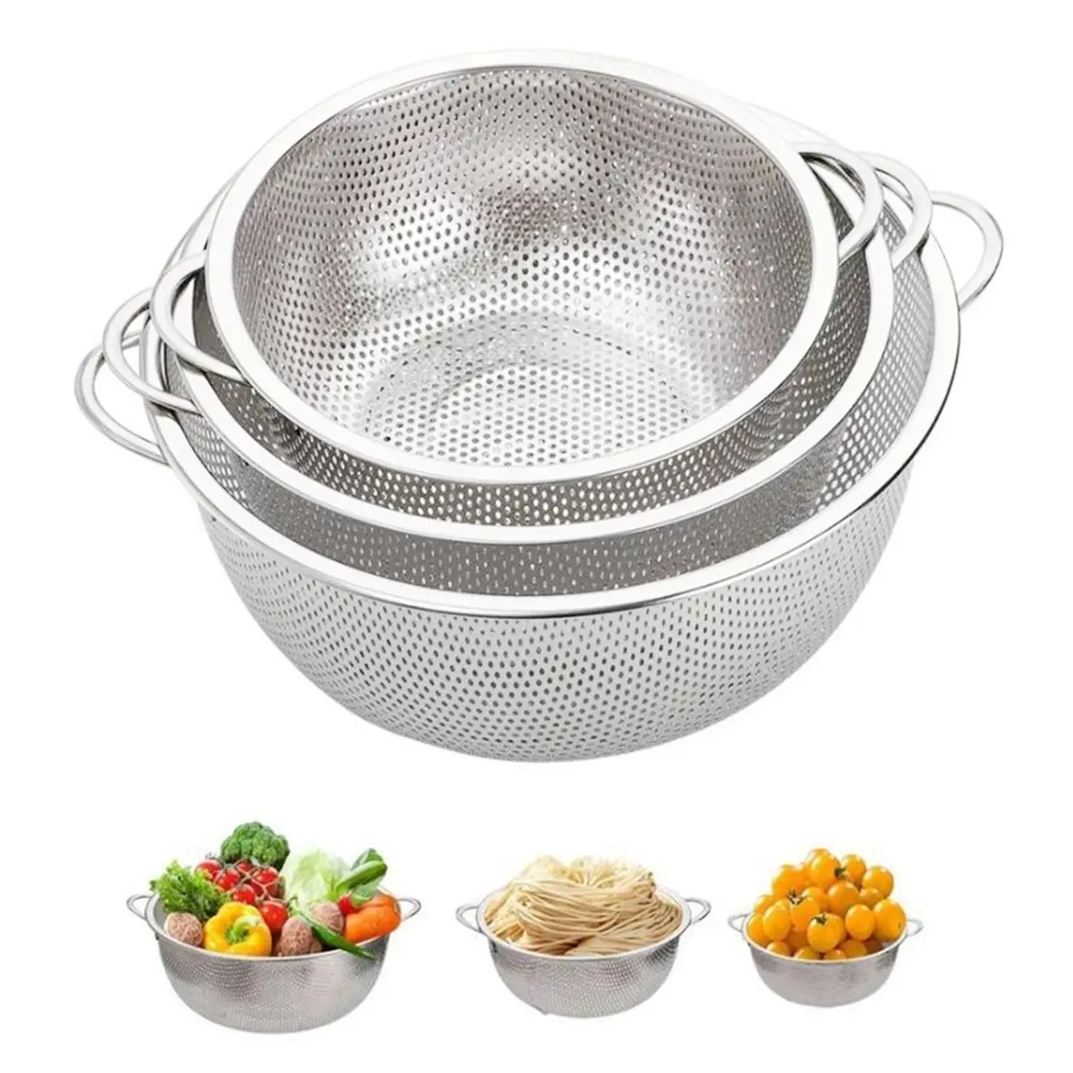 2026 New Tool All Purpose Stainless Steel Fine Mesh Strainer Net Baskets with Handles Resting Base Colander Set Kitchen Supplies