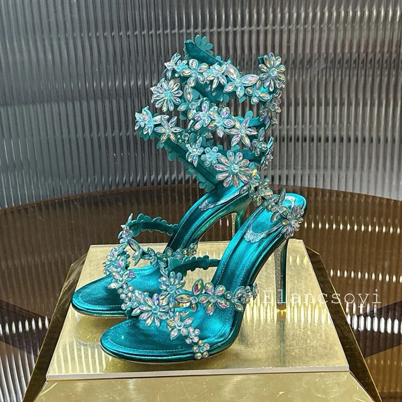 Summer Stiletto Sandals Women Fairy Crystal Flower Ankle Snake Shaped Winding Party Shoes Fashion High Heels Gladiator Sandalias