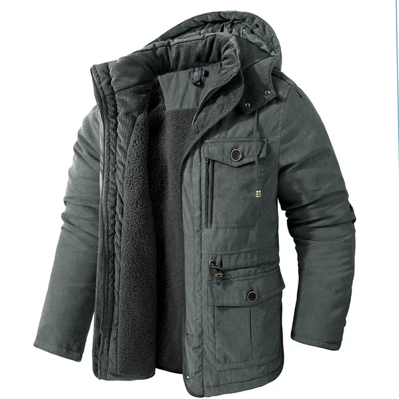 Jaqueta de parka forrado com lã masculina, casacos quentes grossos, gola de pele com capuz, casaco de pelúcia masculino, roupas novas, outono e inverno