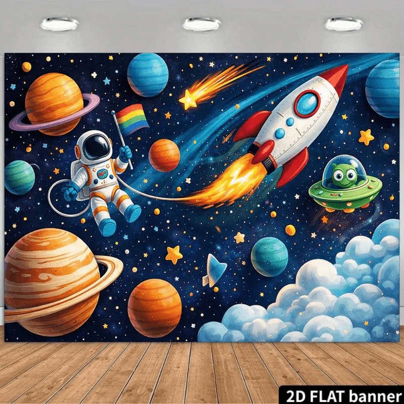 Tela de fondo para exploración espacial en 2D, astronautas levantando la mano sobre las nubes, con cohetes que lanzan llamas