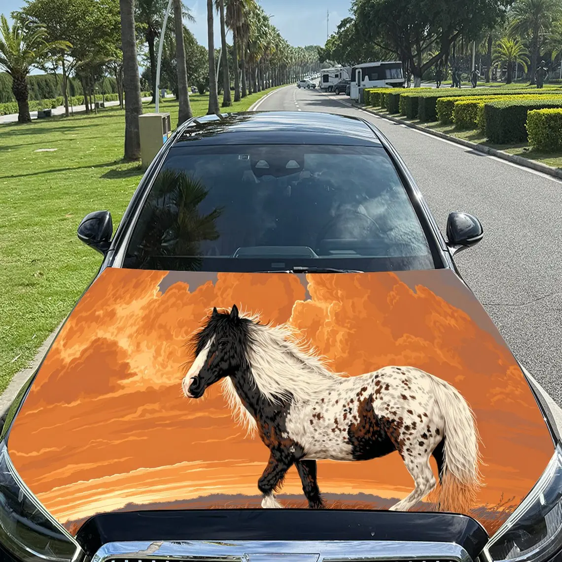 

Orange Sunset Spotted Horse PVC Car Hood Wraps, Self-Adhesive Waterproof Car Bonnet Decal Sticker, Car Decoration Protection Sti