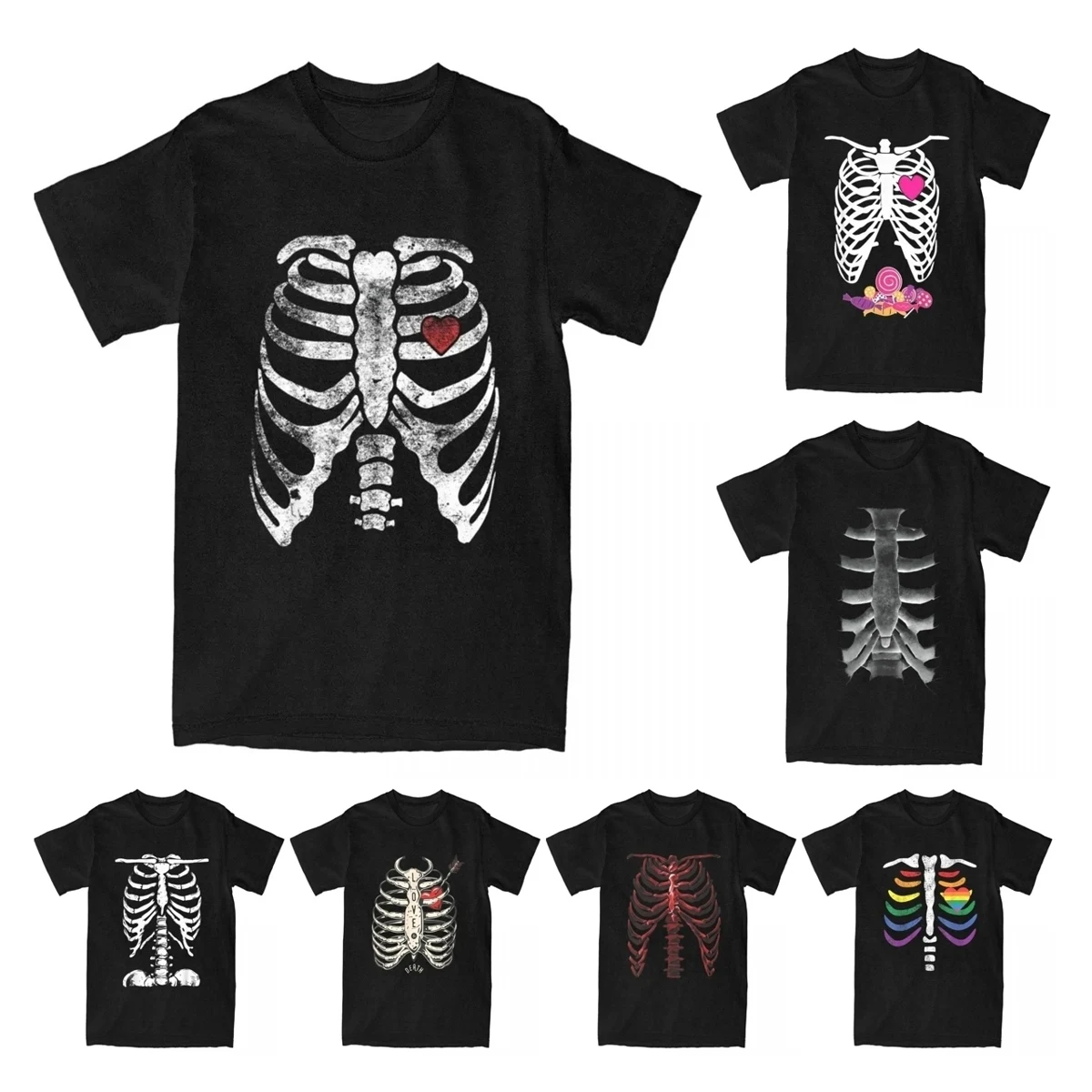 Men's Heart Rib Cage X-Ray Adult Kids Funny Halloween Skeleton T Shirts Cotton Tops Fun Novelty Bone Chest Tees Party T-Shirts