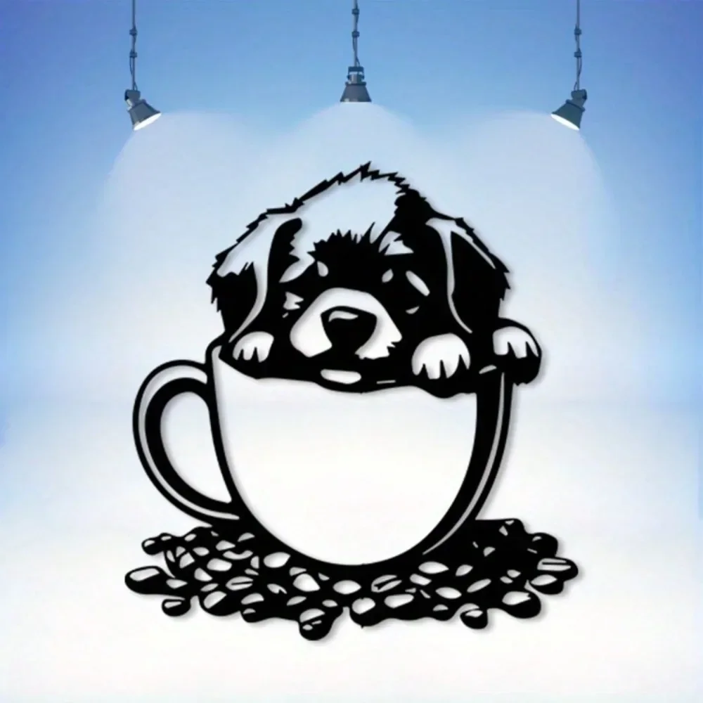 1Pc Vintage Dog in Coffee Cup Metal Wall Art,2D Flat Laser‑Cut Silhouette,Retro Iron Wall Mural,Kitchen Cafe Dining Room Wall
