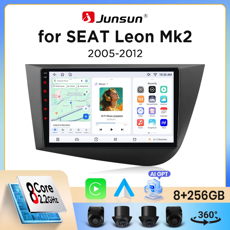 Autoradio Junsun sans fil CarPlay Android Auto pour SEAT Leon Mk2 (1P) 2005-2012 avec ventilateur de refroidissement intégré, navigation GPS Android, lecteur mu