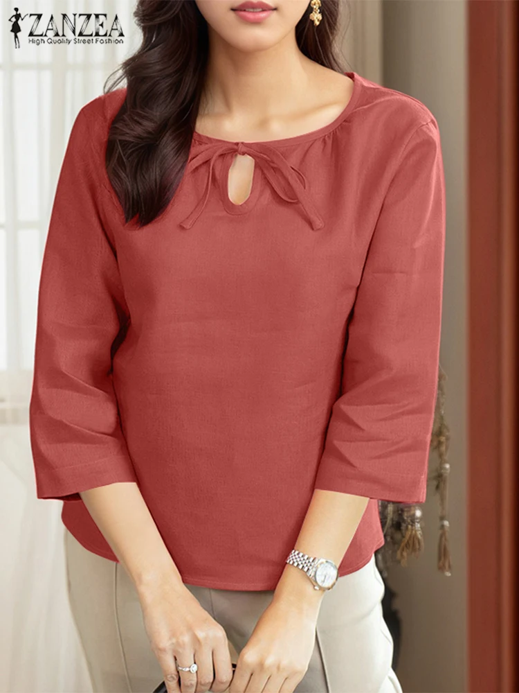 

2025 ZANZEA Women Fashion Blouse Summer Solid Color Tunic Tops Casual 3/4 Sleeve Loose Lace-up Elegant Shirts Vintage Blusas