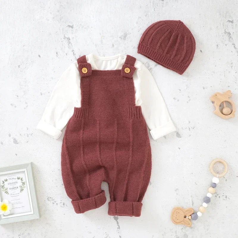 Fashion Sleeveless Knitted Newborn Infant Netural Strap Jumpsuits Outfits Sets Toddler Wear Baby Boys Girls Rompers Hats Clothes