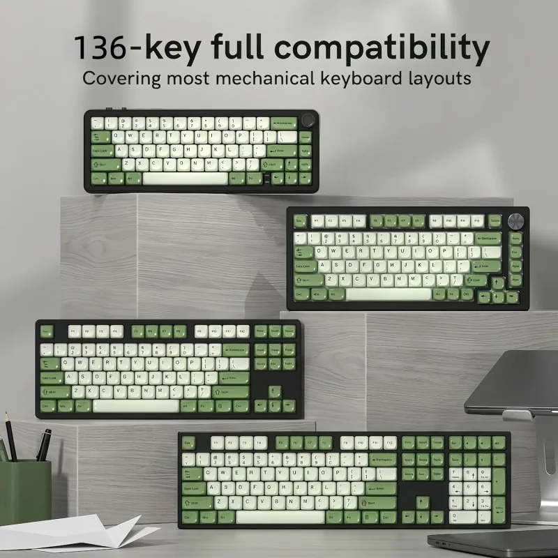 Matcha Green PBT Keycaps,136 Keys MOA Profile Custom Glossy Ceramic Style Dye Sublimation PBT Keycaps For Mechanical Keyboards