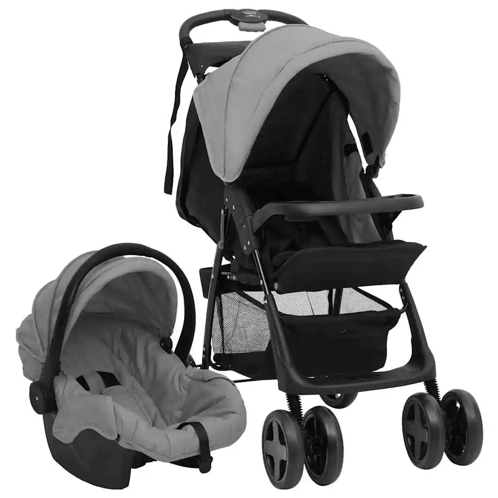 3-in-1 Kinderwagen, Hellgrau und Schwarz, Stahl 49 x 78,5 x 102 cm, Leichter, Faltbarer, Sicherer Kinderwagen, Kompakt für Reisen
