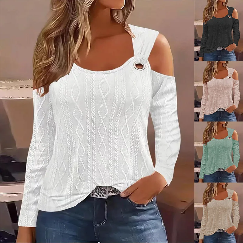 Elegant Women's White Autumn And Winter Casual V-neck Metal Buckle Fashionable And Sexy Off Shoulder Long Sleeved T-shirt Blouse