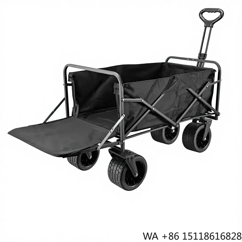Camping Trolley Foldable Adjustable Handle Hand Push Picnic Cart Portable Camp Trailer Multifunctional Steel Black Universal OEM