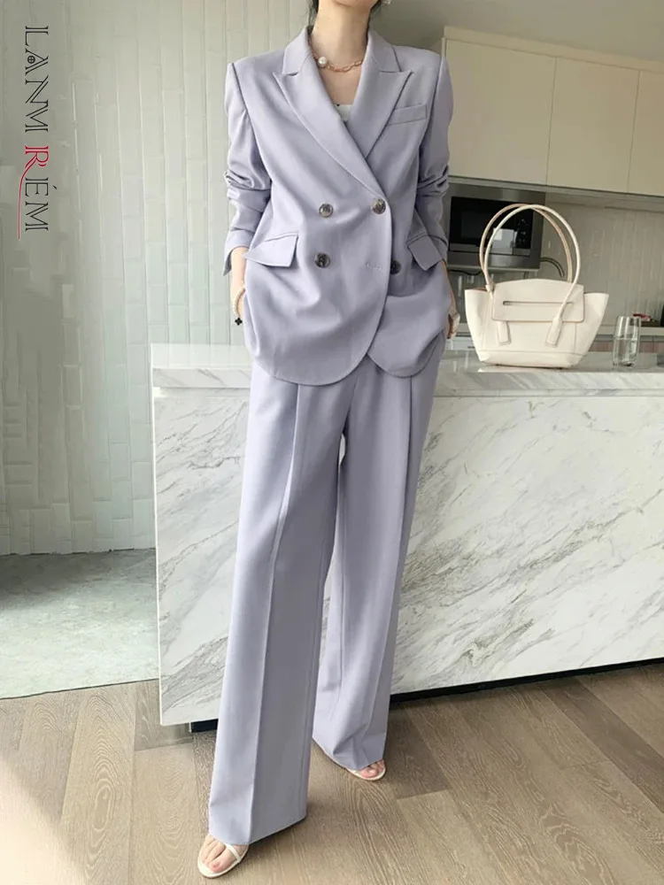 

[LANMREM] Office Lady Suits Set Women Double Breasted Loose Blazers High Waist Wide Leg Pants Elegant 2024 Autumn New 26D9208