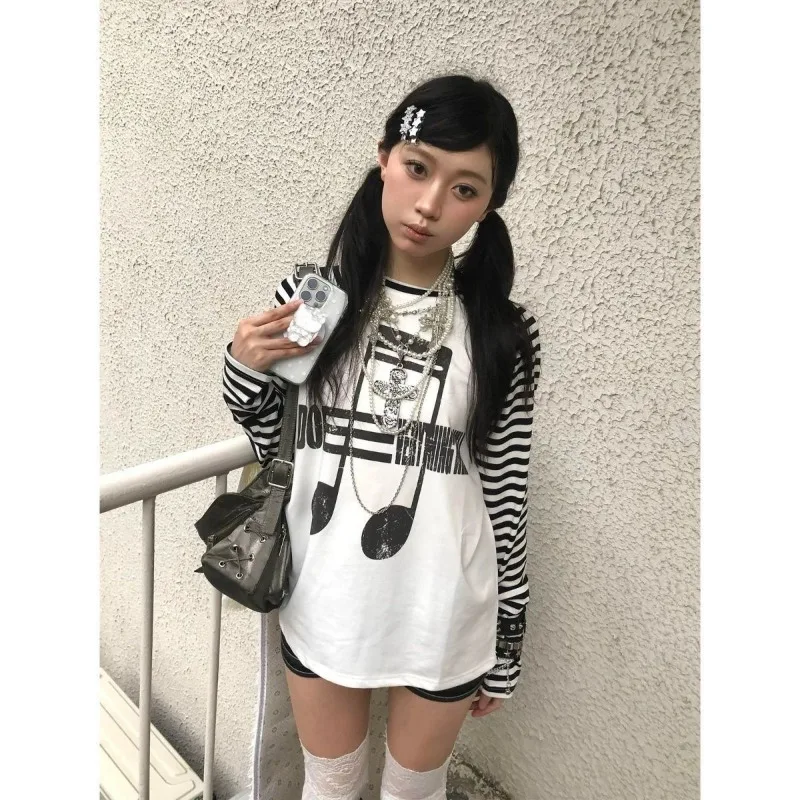 Kimotimo Punk Y2k Music Note Print Long Sleeve Tops Women Vintage Stripe Patchwork Casual Grunge T-shirt Autumn Harajuku Tees