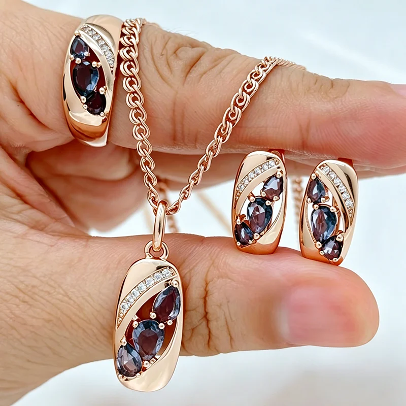 Kinel Hot Luxus Lila Natürlicher Zirkon Braut Ring Ohrringe Halskette Für Frauen 585 Roségold Farbe Vintage Hochzeit Schmucksets