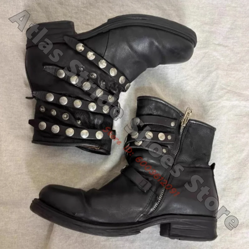 Vintage Distressed Leather Women Short Boots Multi Strap Silver Rivet Embellishment Low Heel Punk Goth Ankle Boots