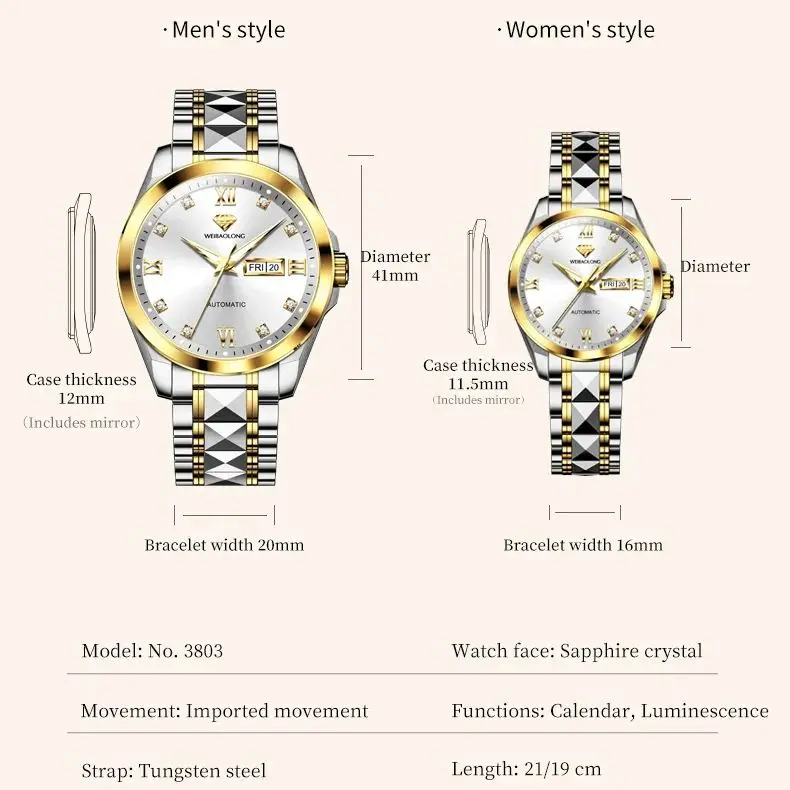 WEIBAOLONG 3803 ساعات الماس الحقيقية للأزواج مقاوم للماء مضيئة التلقائي الميكانيكية زوجين ساعة اليد الفاخرة #6