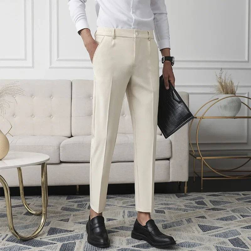 Slim Straight Non-iron Dress Pants Men Business Casual Little Feet Suit Pants Classic Black Apricot Dark Gray Male Trousers